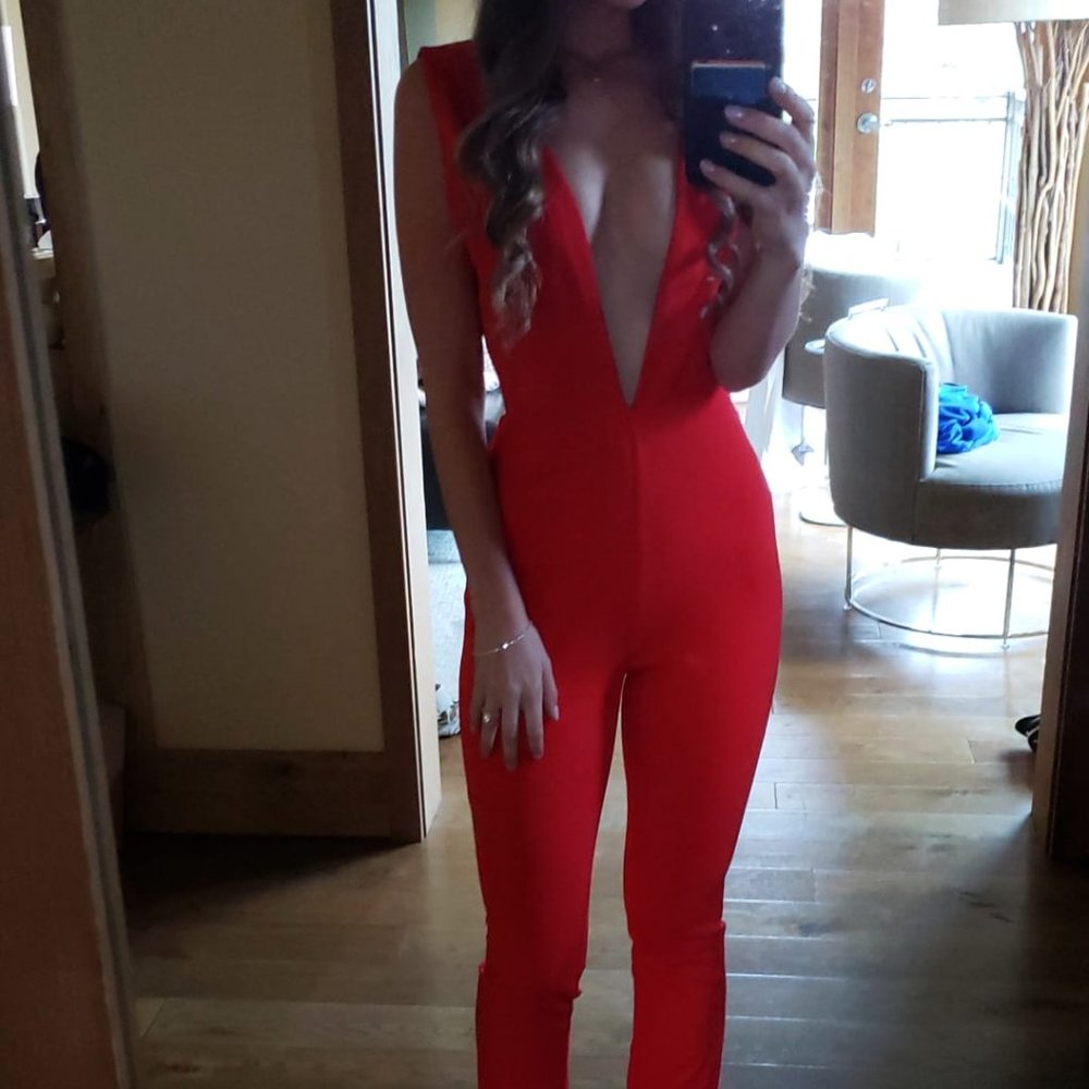 Revolve Superdown Penolope Red Deep V Neck Jumpsui